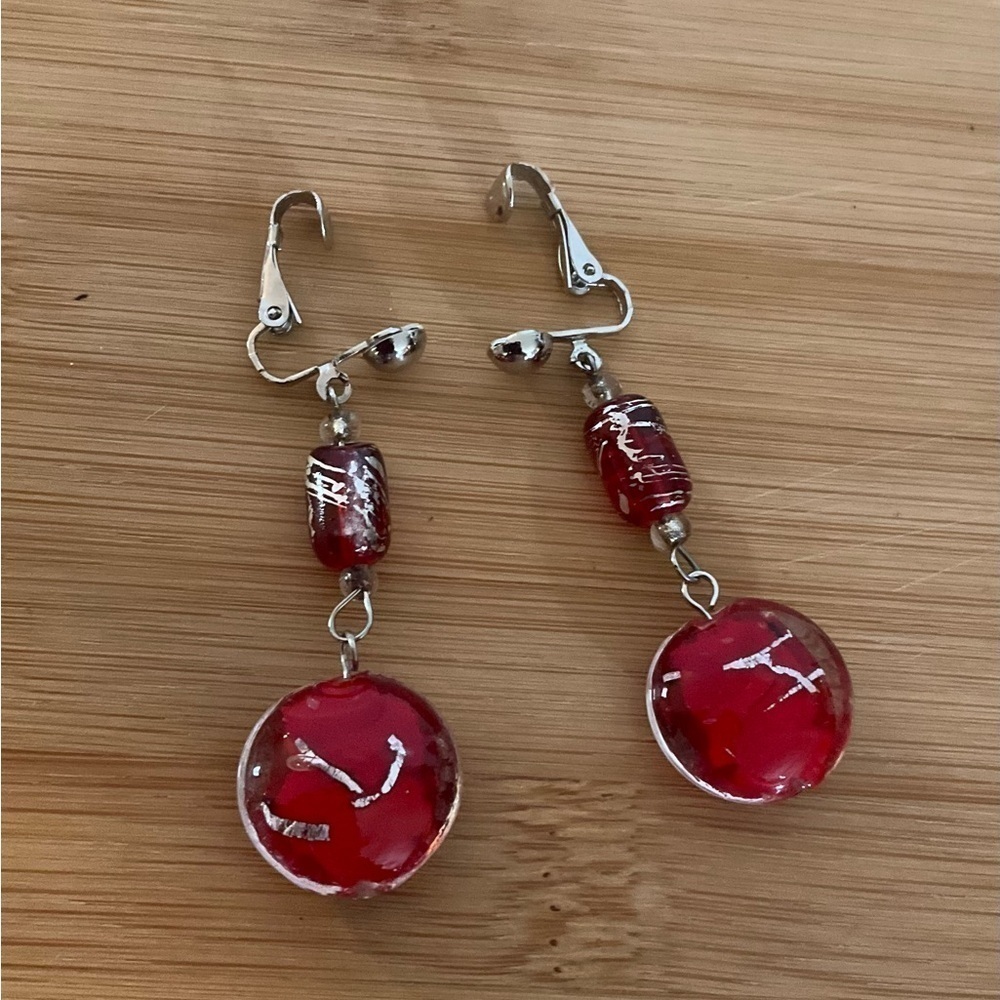 Hand Crafted Clip-on Earrings Red Translucent with Silver Graphics Dangle Drop